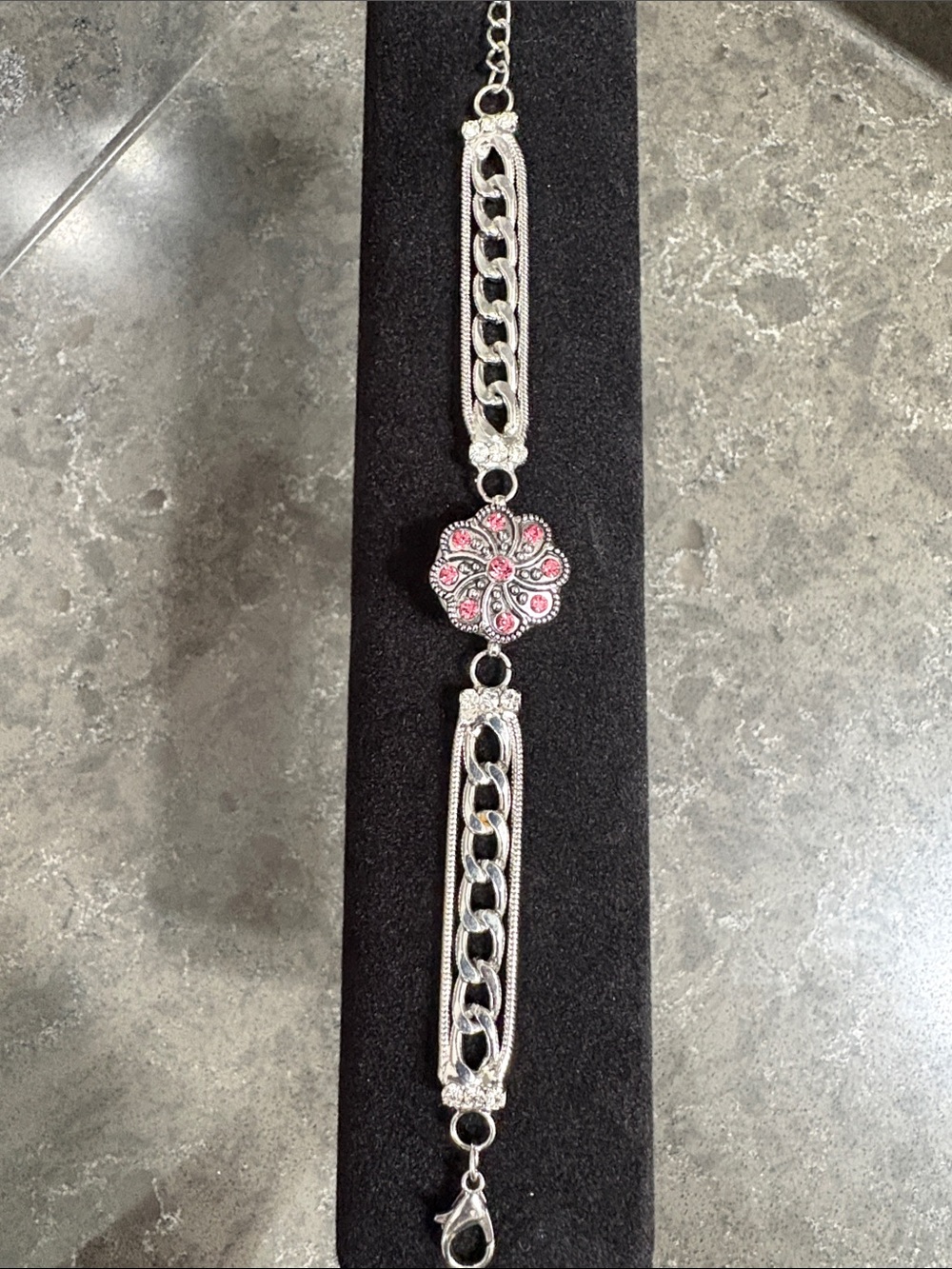 Silver-Tone Rhinestone Snap Bracelet with Pink Flower Charm